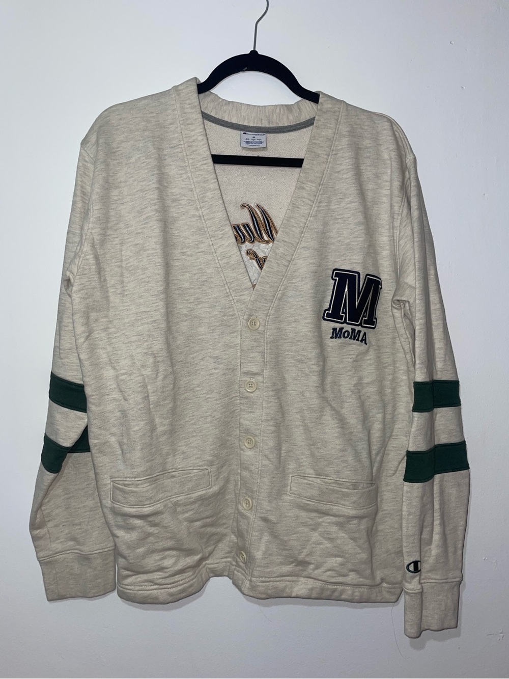 MoMA Cream Cardigan with Dark Green Sleeve Stripes